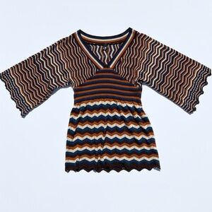 Vintage 70s style bohemian knit orange v-neck top Women's Small Fall Groovy